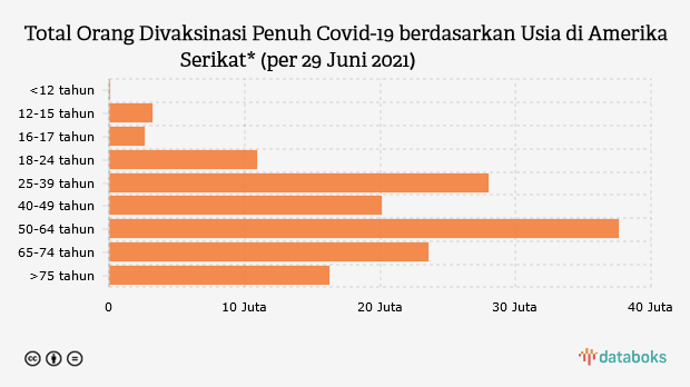 Total Orang Divaksinasi Penuh Covid-19 berdasarkan Usia di Amerika Serikat* (per 29 Juni 2021)