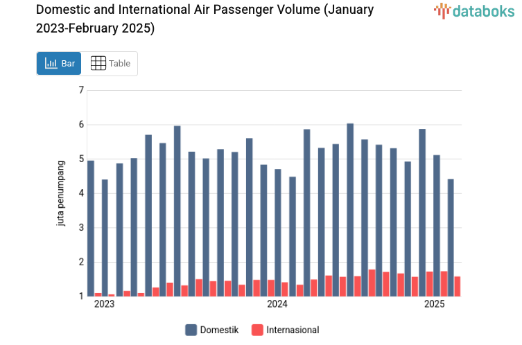 Domestic and International Air Passenger Volume (January 2023-February 2025)