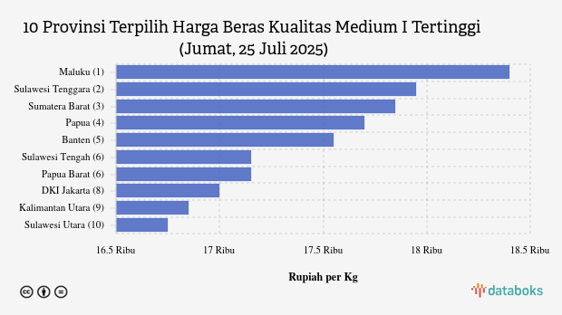Harga Beras Kualitas Medium I di Maluku Termahal Nasional (Jumat, 25 Juli 2025)