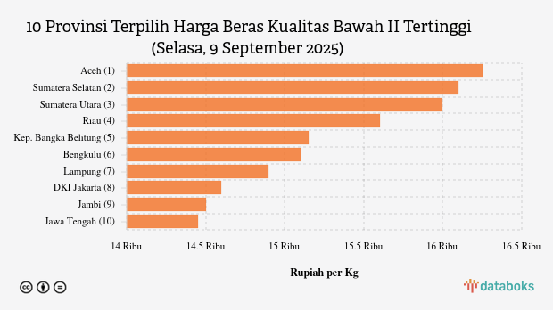Harga Beras Kualitas Bawah II di 10 Provinsi Ini Paling Mahal (Selasa, 9 September 2025)