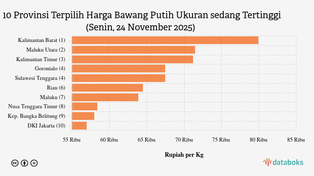 10 Provinsi dengan Harga Bawang Putih Ukuran sedang Paling Mahal (Senin, 24 November 2025)