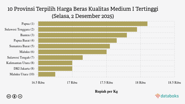 Harga Beras Kualitas Medium I di 10 Provinsi Ini Paling Mahal (Selasa, 2 Desember 2025)