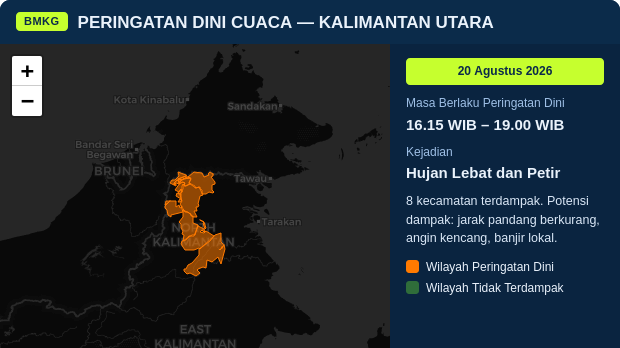 Peringatan Dini Cuaca Kalimantan Utara: Hujan Lebat dan Petir 16.15 WIB