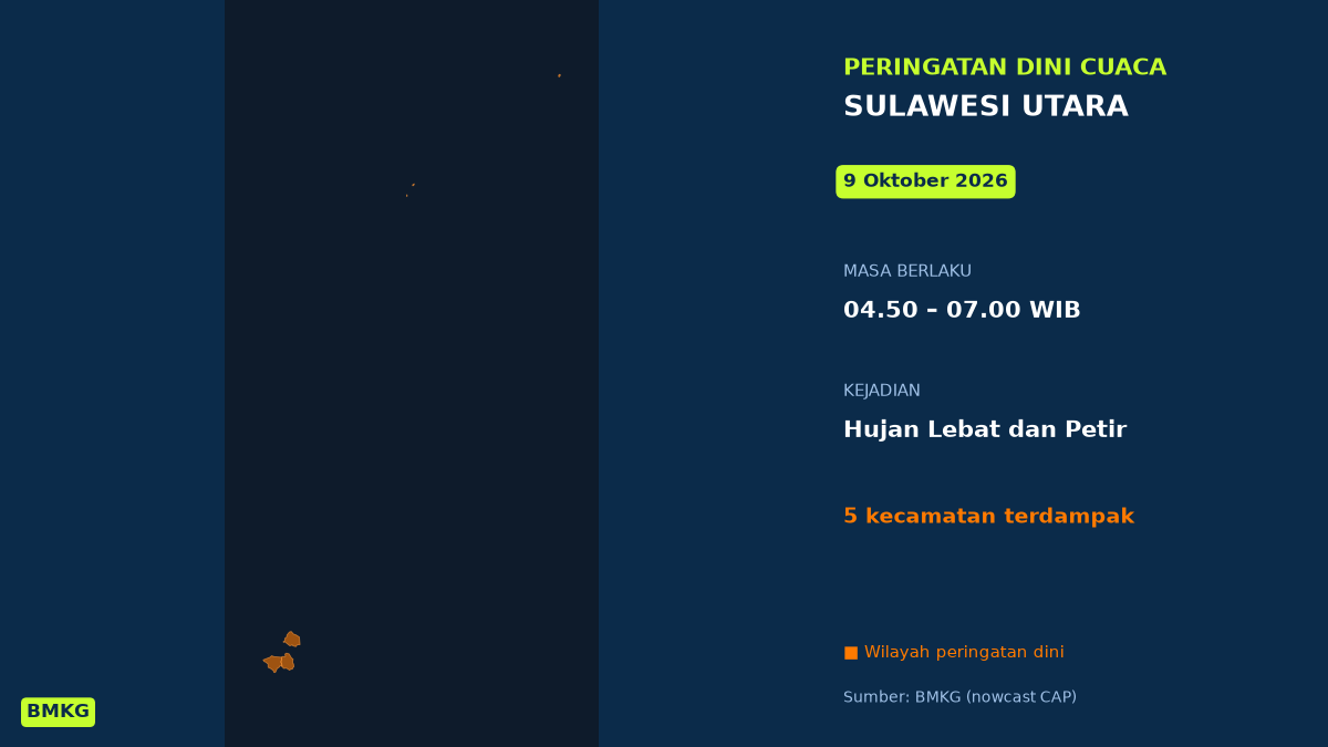 Peringatan Dini Cuaca Sulawesi Utara: Hujan Lebat Disertai Petir Dini Hari Ini, Mulai Pukul 04.50 WIB