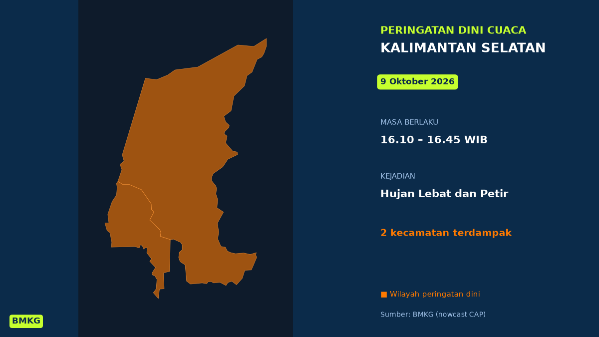 BMKG: Waspada Hujan Lebat Disertai Petir di Kalimantan Selatan Sore Ini, Mulai Pukul 16.10 WIB
