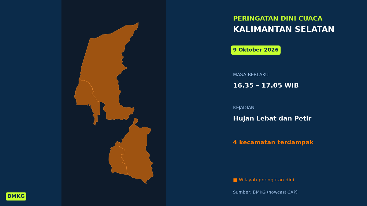 Sore Ini Kalimantan Selatan Berpotensi Hujan Lebat Disertai Petir, BMKG Terbitkan Peringatan Dini, Mulai Pukul 16.35 WIB