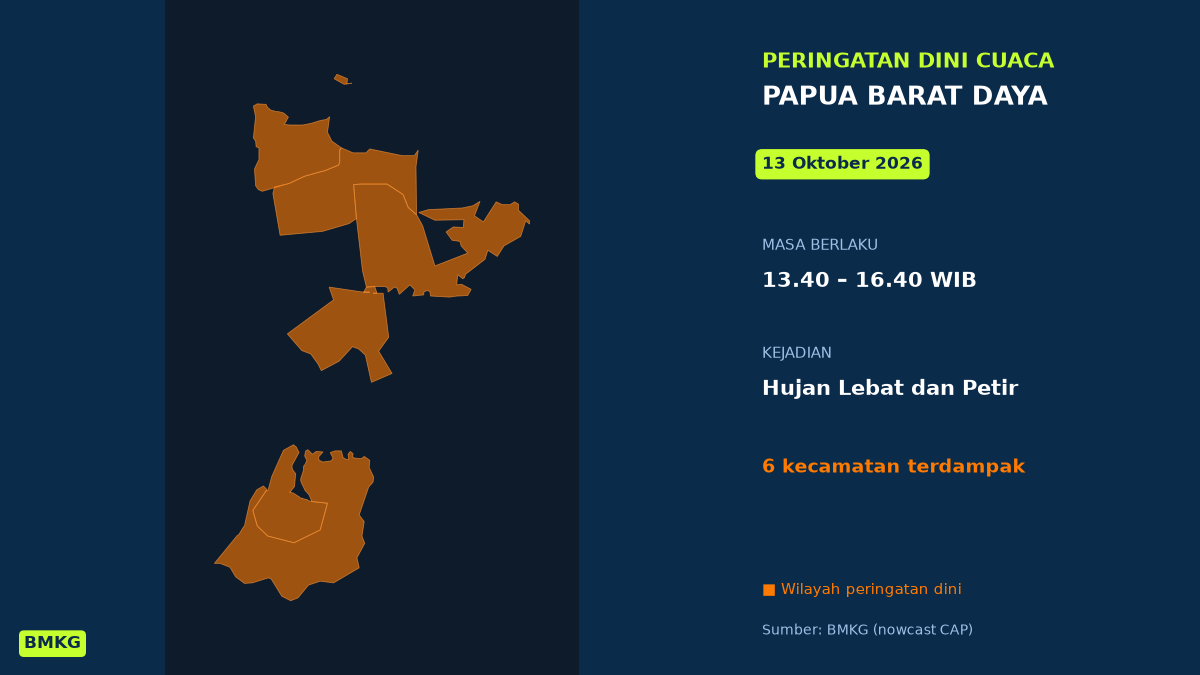 Peringatan Dini BMKG: Papua Barat Daya Berpotensi Hujan Lebat Disertai Petir Siang Ini, Mulai Pukul 13.40 WIB