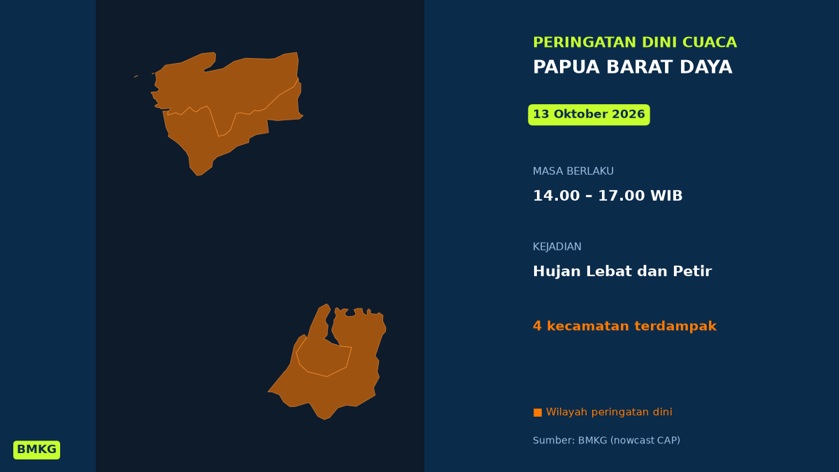 BMKG Peringatkan Hujan Lebat Disertai Petir di 4 Kecamatan Papua Barat Daya Siang Ini, Mulai Pukul 14.00 WIB
