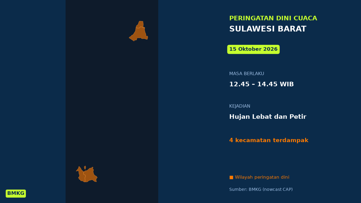 Siang Ini Sulawesi Barat Berpotensi Hujan Lebat Disertai Petir, BMKG Terbitkan Peringatan Dini, Mulai Pukul 12.45 WIB