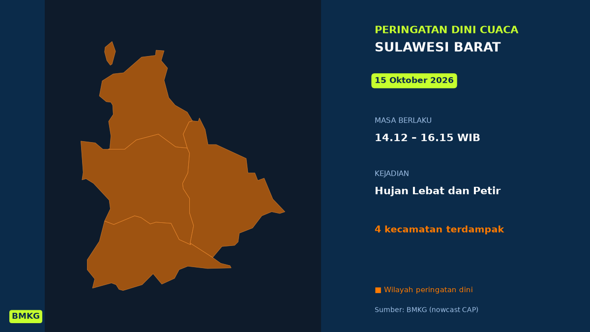 Siang Ini Sulawesi Barat Berpotensi Hujan Lebat Disertai Petir, BMKG Terbitkan Peringatan Dini, Mulai Pukul 14.12 WIB