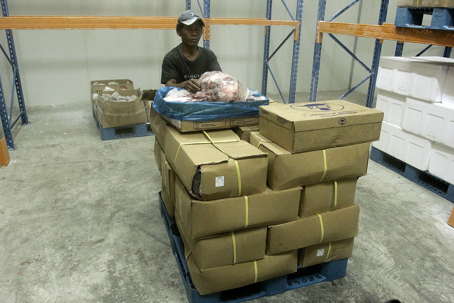 Daging beku sapi impor asal Australia di Gudang Bulog, Kelapa Gading, Jakarta Utara.