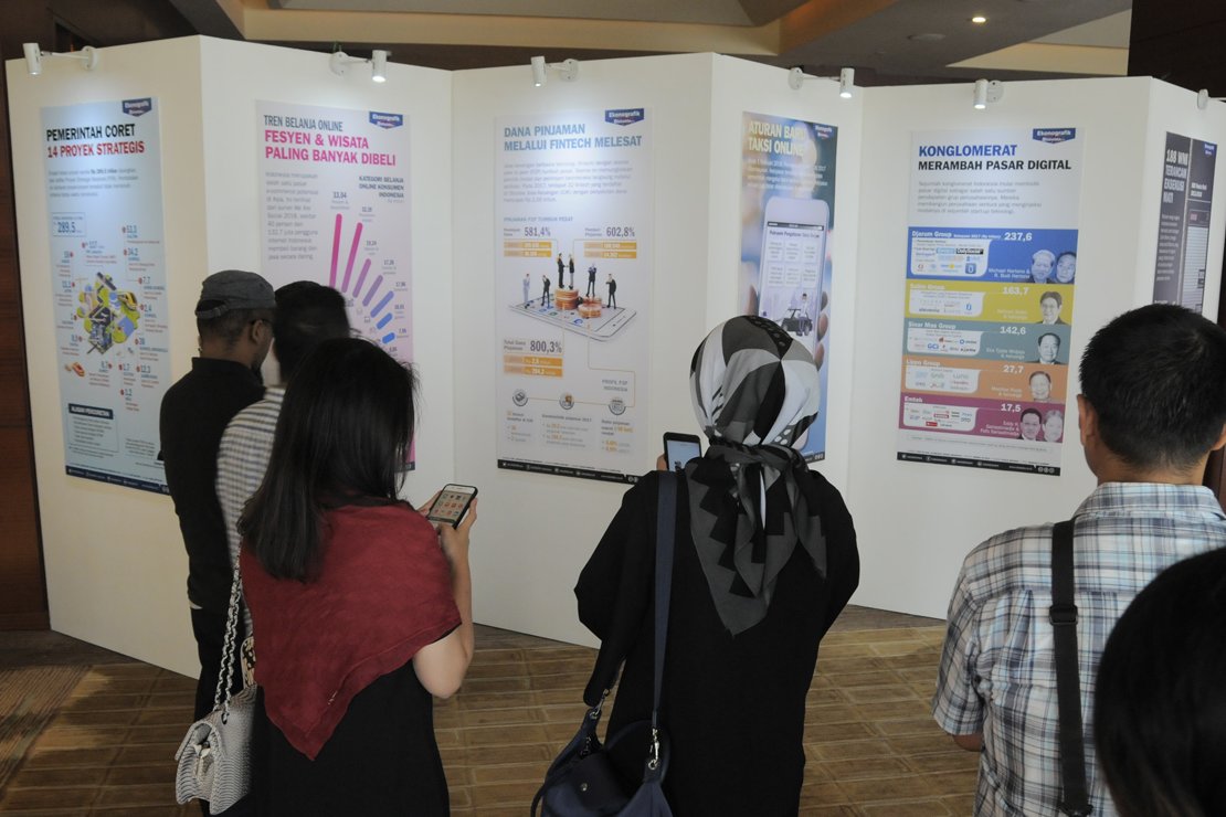 Peserta acara Katadata Forum dan peluncuran logo baru Katadata mengamati produk infografik Katadata di Jakarta, Selasa, (08/05).