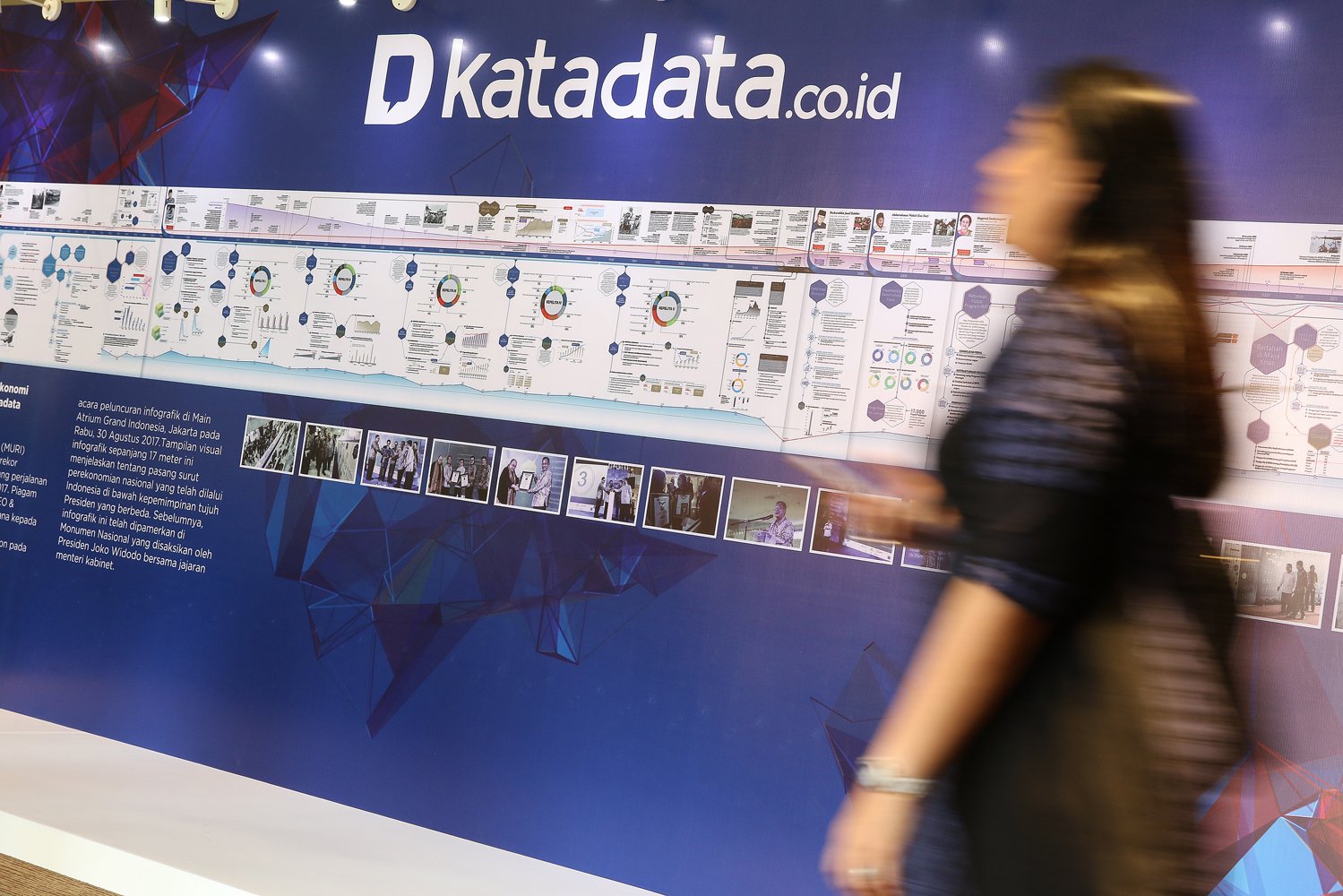 Display infografik ekonomi terpanjang Katadata pada acara Katadata Forum dan peluncuran logo baru Katadata di Jakarta, Selasa, (08/05).