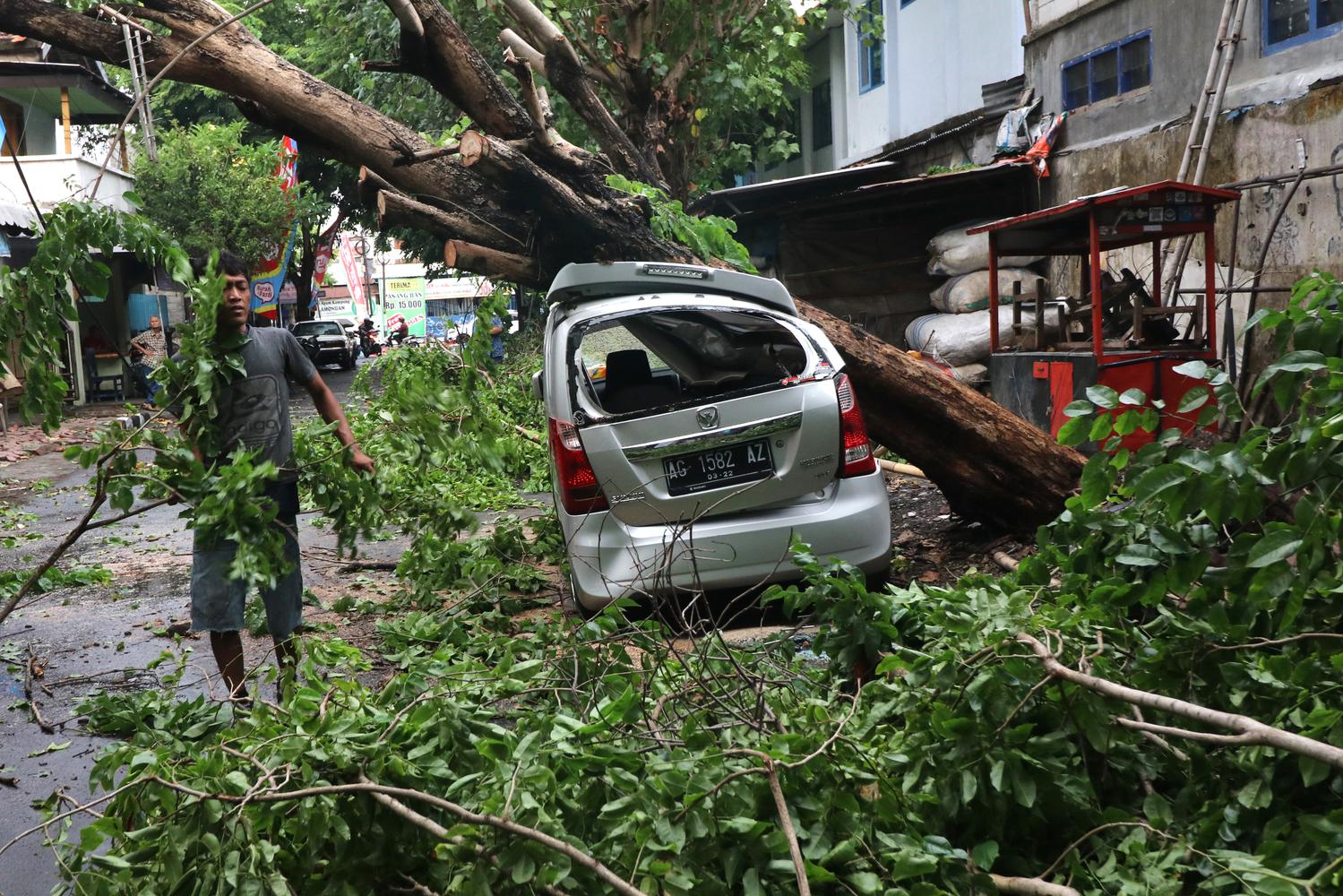 Warga memotong pohon yang menimpa sebuah mobil pascabencana angin kencang di Kota Kediri, Jawa Timur, Senin (9/12/2019). Bencana angin kencang yang disertai hujan lebat di daerah tersebut mengakibatkan satu orang meninggal dunia, tiga mobil rusak dan sejumlah bangunan roboh.