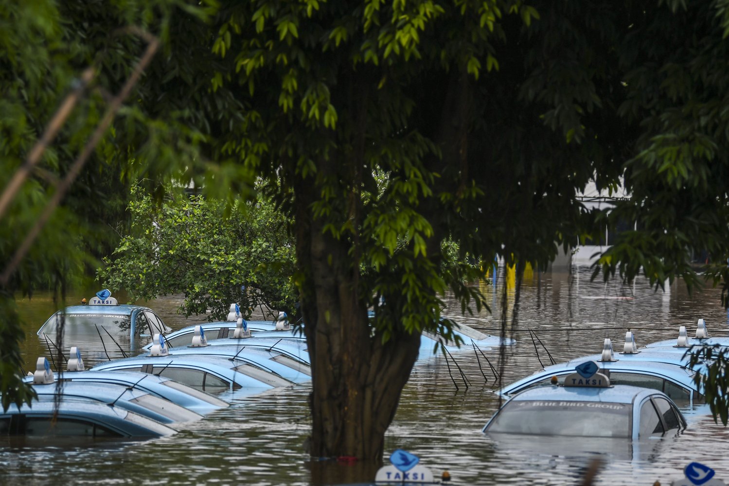 Suasana mobil taksi yang terendam di pool taksi Kramat Jati, Jalan Raya Pondok Gede, Jakarta, Rabu (1/1/2020). Banjir tersebut disebabkan karena tingginya intensitas hujan yang mengguyur sejak Selasa (31/12/2019). 
