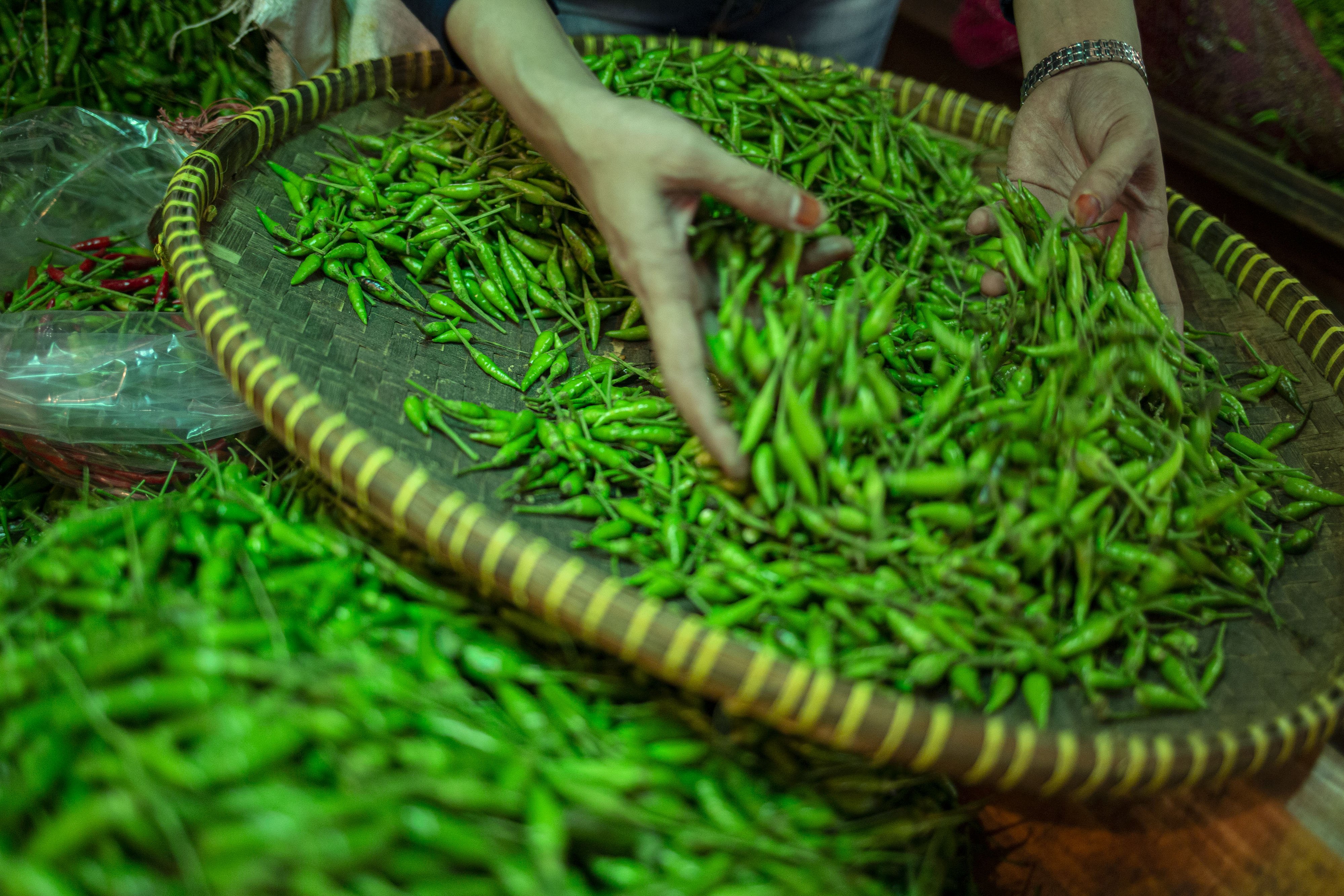 Pedagang menunjukan cabe rawit hijau di Pasar Induk Kramat Jati, Jakarta Timur, Kamis (12/3/2020). Kamar Dagang dan Industri (Kadin) menyampaikan bahwa pasokan pangan menjelang bulan puasa dan Lebaran 2020 di Pasar Induk Kramat Jati, Jakarta, dalam kondisi aman.
