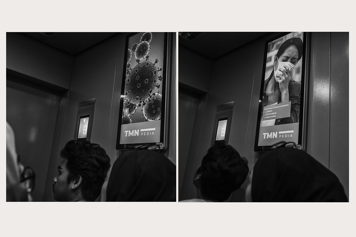Tampilan virus Corona atau COVID-19 (kiri) dan adegan orang dengan gejala COVID-19 di sebuah layar iklan layanan masyarakat di Jakarta.