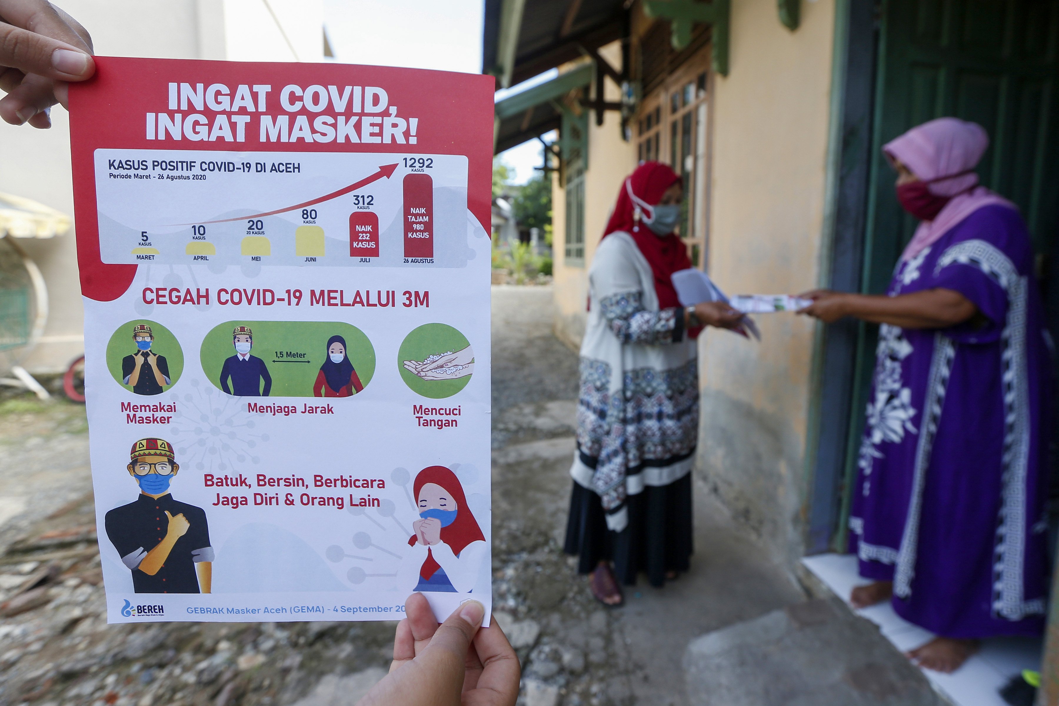 Petugas kesehatan dari Puskesmas Ulee Kareng (kiri) mensosialisasikan protokol kesehatan yang dianjurkan pemerintah guna mencegah penyebaran dan penularan COVID-19 di sela pelaksanaan imunisasi balita di Desa Ilie, Banda Aceh, Aceh, Sabtu (5/9/2020). 