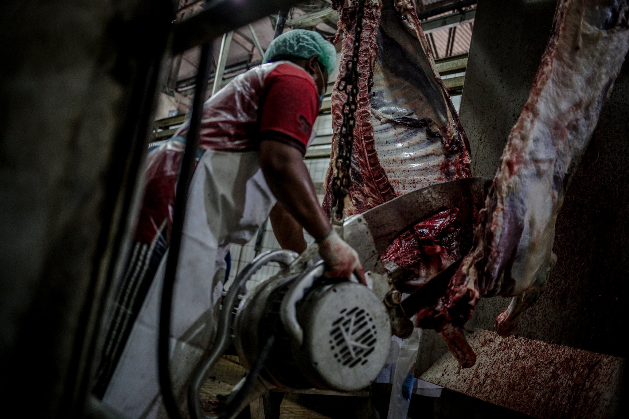 Petugas menyelesaikan pemotongan hewan kurban menggunakan gergaji mesin di Rumah Potong Hewan (RPH) PD Dahrma Jaya, Penggilingan, Cakung, Jakarta, Rabu, (21/7/2021).