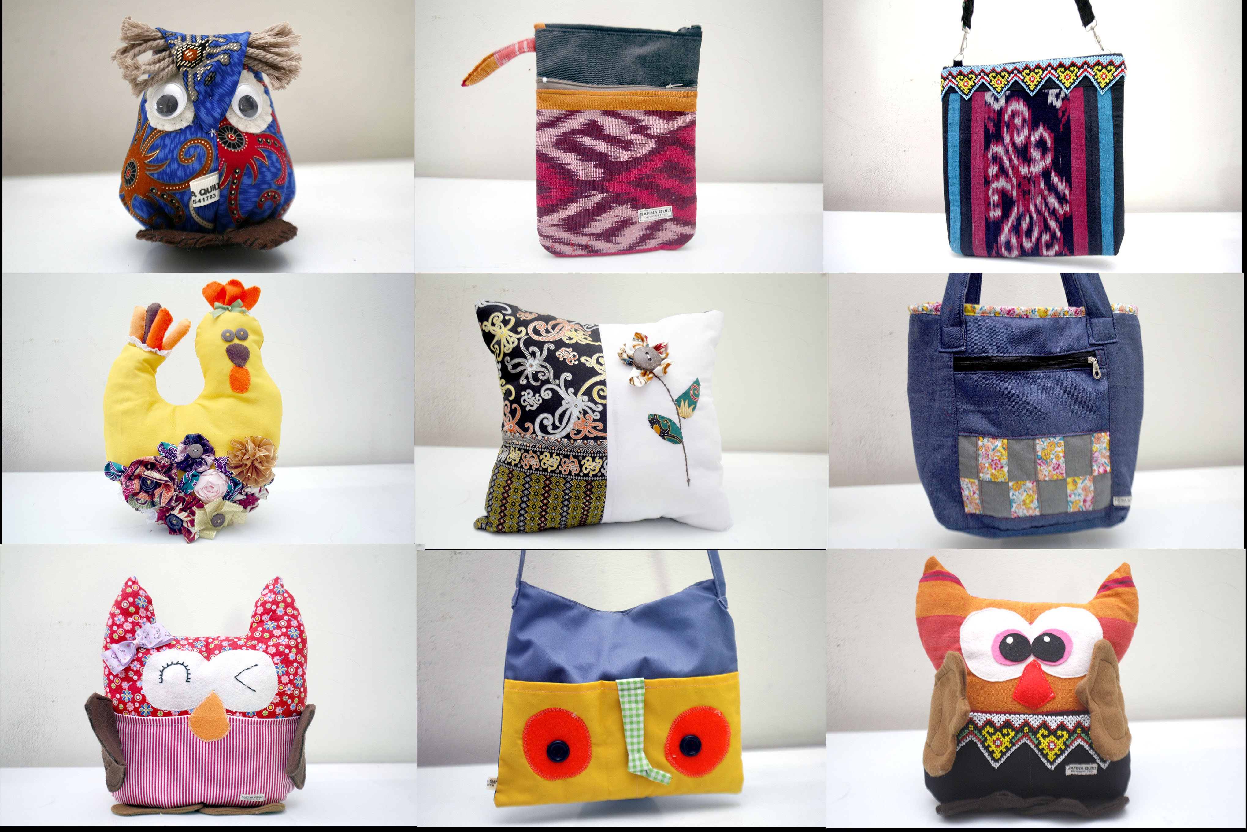 Berbagai macam produk tas hasil daur ulang limbah kain industri konveksi di UMKM Safina Quilt, Balikpapan, Kalimantan Timur. 
