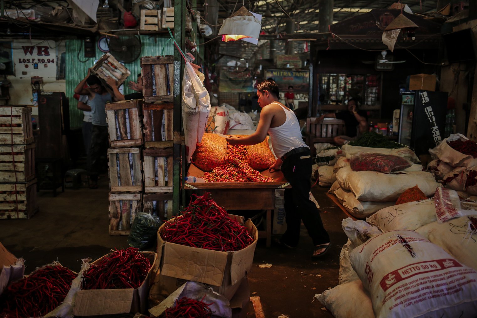 Pedagang menata cabai rawit merah di lapak miliknya di Pasar Induk Kramat Jati, Jakarta, Selasa (28/12/2021). Sehari setelah Natal harga beberapa bahan makanan pokok termasuk cabai rawit merah alami lonjakan hingga kisaran Rp 103.171 per kilogramnya.