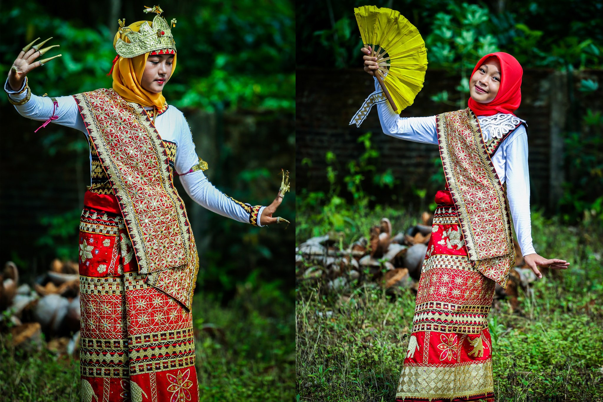Kolase foto seorang penari tradisional Lampung berpose mengenakan Pakaian berbahan Tapis di Negeri Katon, Pesawaran, Lampung.