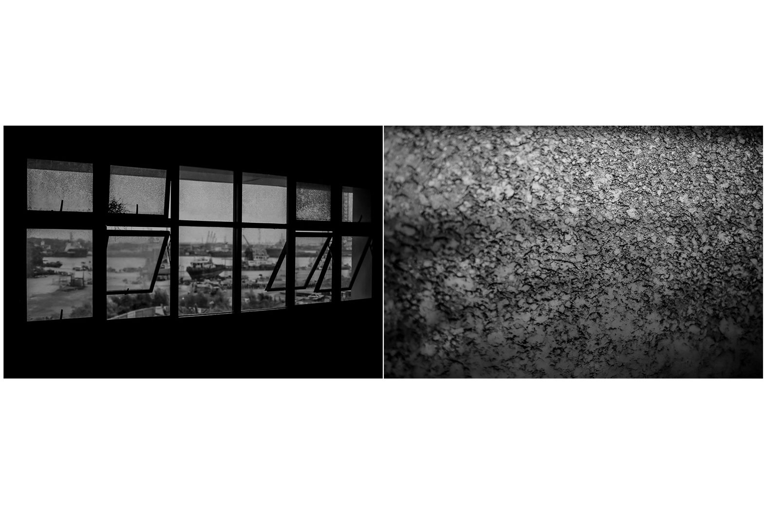 (kiri) Kapal pengangkut batubara tampak dari salah satu jendela kelas SMPN 209, Marunda, Cilincing, Jakarta. (kanan) Endapan debu batubara menempel di salah satu jendela kelas SMPN 209, Marunda, Cilincing, Jakarta.
