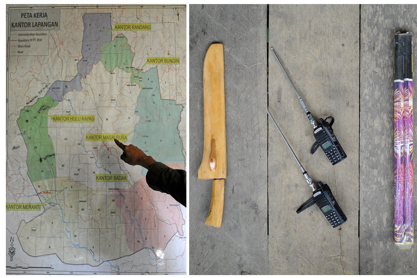 Foto kolase (kiri) Januardi menunjukkan peta koridor gajah dan peralatan (kanan) yang dibawa untuk pemonitoran gajah di Musi Banyuasin, Sumatera Selatan.