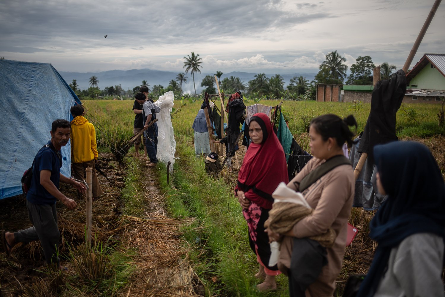 Sejumlah pengungsi bergotong royong medirikan tenda pengungsian pasca gempa bumi dengan magnitude 5.6 di Desa Gasol, Cugenang, Cianjur, Jawa Barat, Jumat (25/11). Badan Nasional Penanggulangan Bencana (BNPB) mencatat total 321 orang meninggal dunia, jumlah pengungsi hingga hari ini mencapai 73.874 orang akibat gempa di Cianjur.