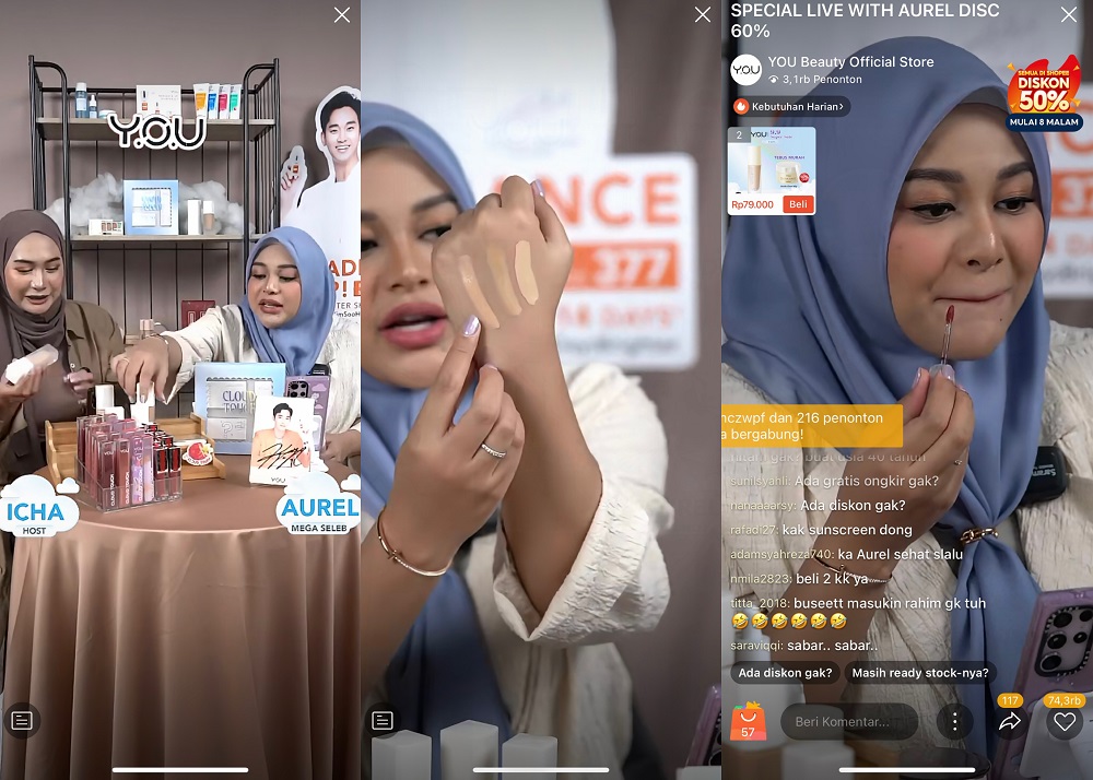 Tangkapan layar sesi live streaming YOU x Aurel Hermansyah di Shopee Live, Jumat (8/9/2023).
