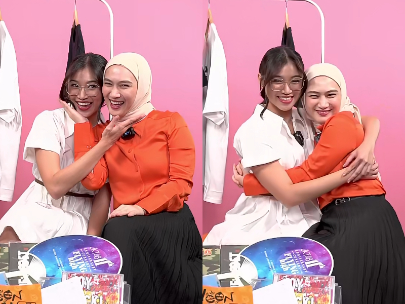 Kolase tangkapan layar Shopee live streaming Melody (kanan) dan Shani JKT48 saat peluncuran JKT48 Official Store di Shopee, Senin (6/11).