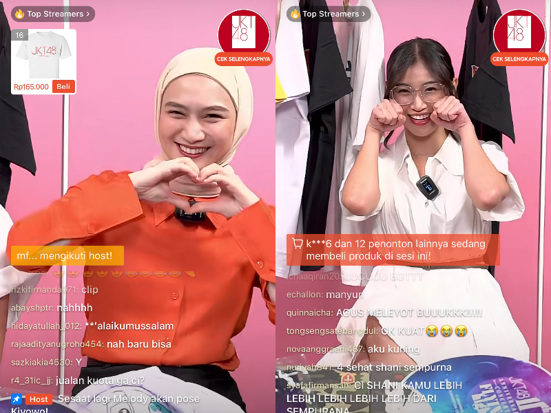 Tangkapan layar Shopee live streaming Melody (kiri) dan Shani JKT48 saat peluncuran JKT48 Official Store di Shopee, Senin (6/11).