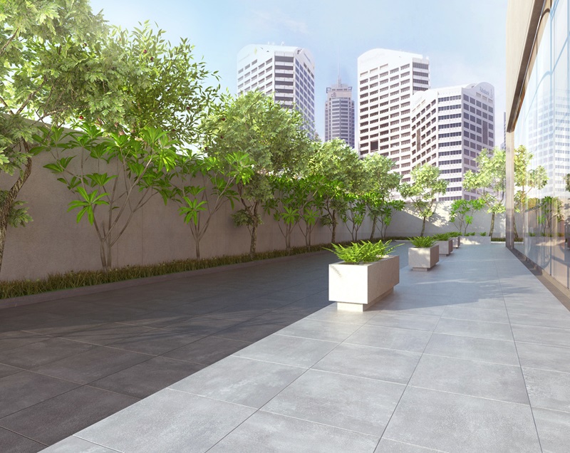 Ilustrasi area outdoor menggunakan ubin Roman dTasman Night & Day.