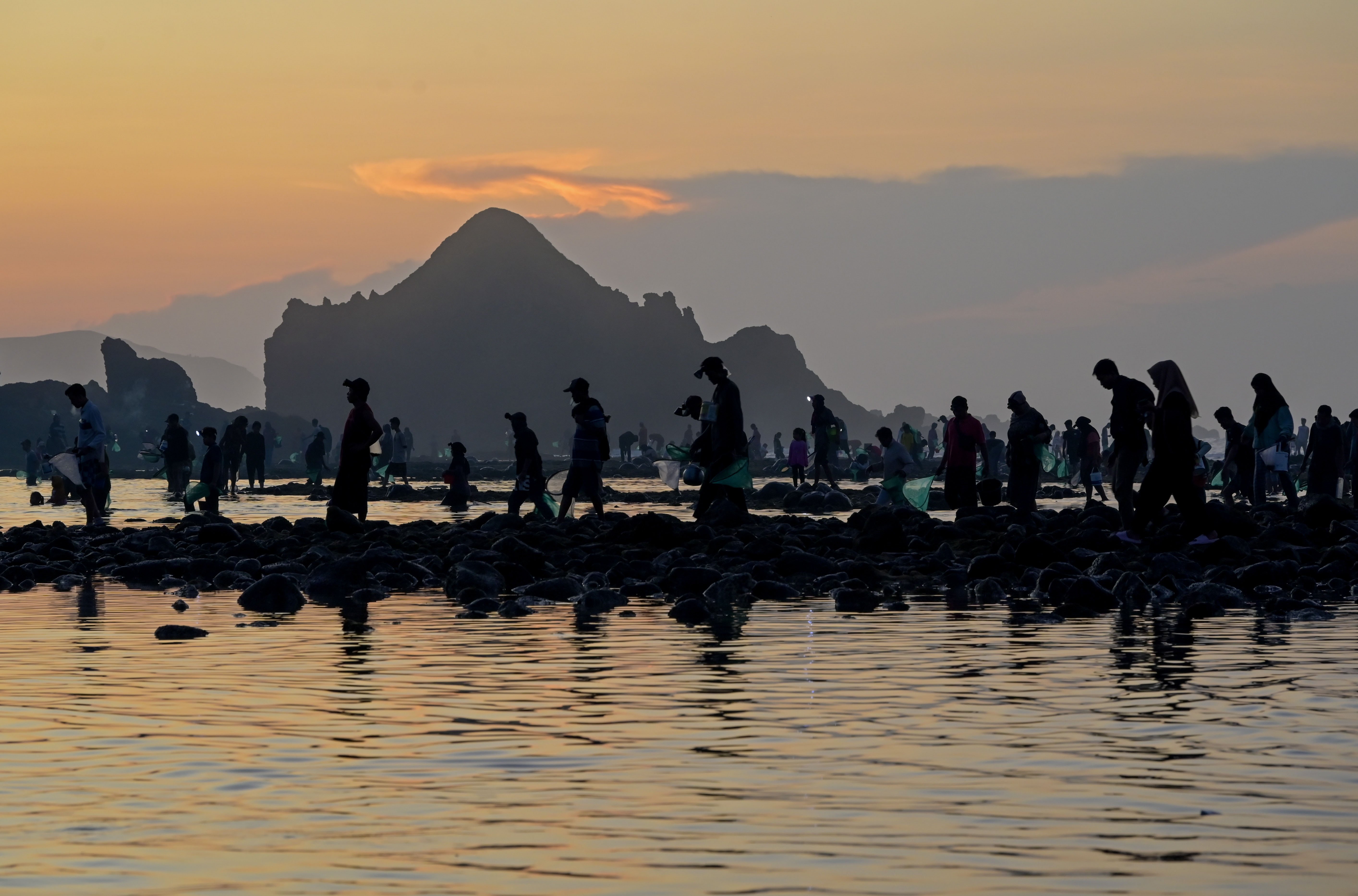 Warga dan wisatawan mencari nyale (cacing laut warna-warni) pada Festival Pesona Bau Nyale 2024 di Pantai Seger Kawasan Ekonomi Khusus (KEK) Mandalika, Kuta, Praya, Lombok Tengah, NTB.