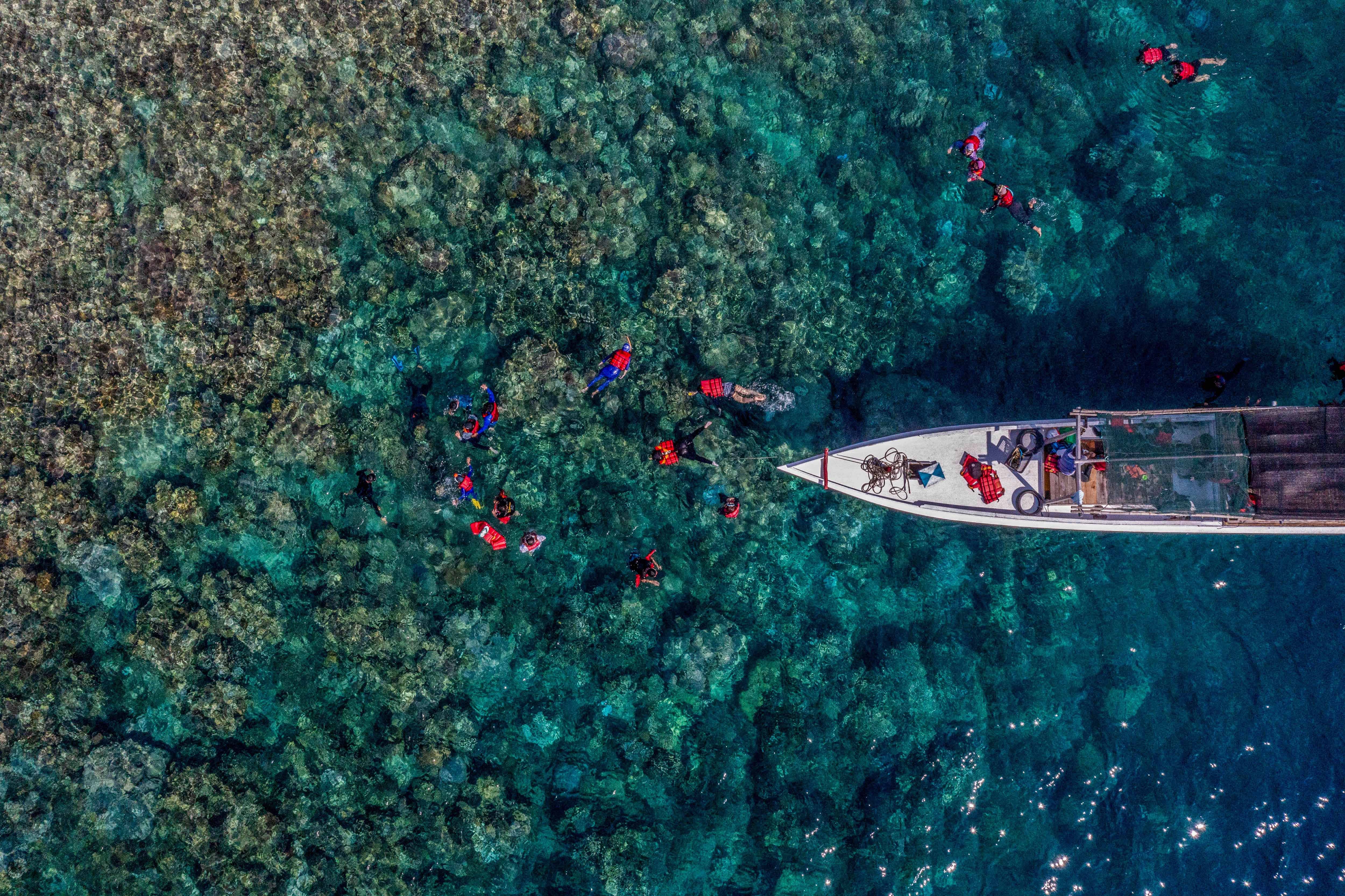 Foto udara wisatawan melakukan tur laut maupun senam permukaan (snorkeling) di sekitar Pulau Menjangan Kecil, Karimunjawa, Kabupaten Jepara, Jawa Tengah, Selasa (16/4/2024). 