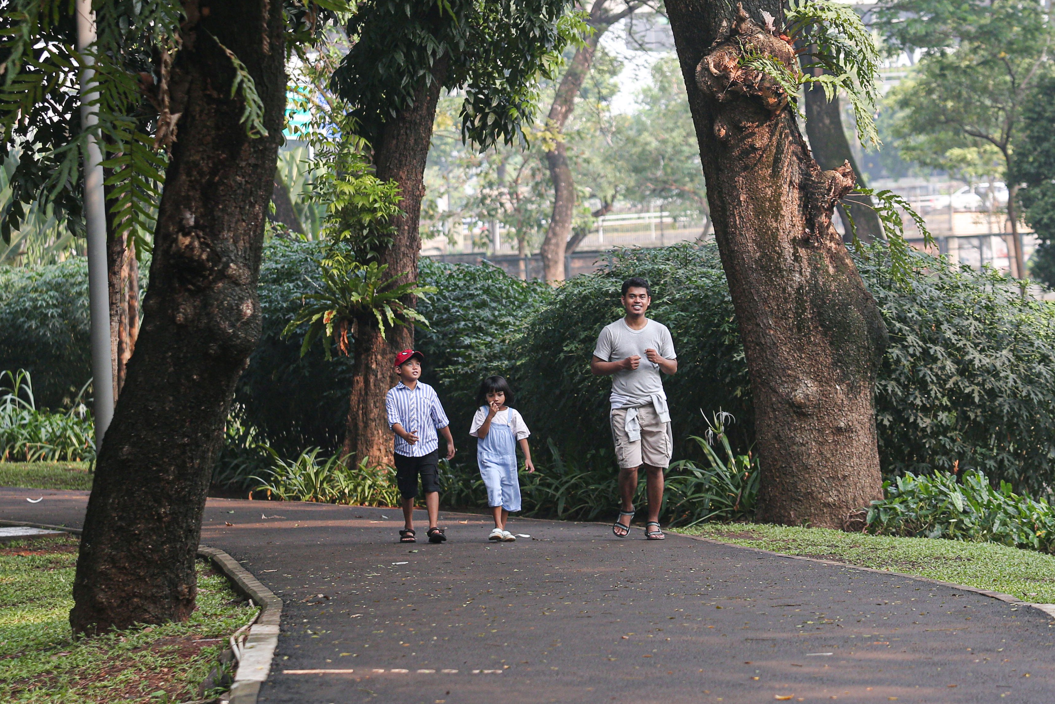 Sejumlah warga berjalan di kawasan Tebet Eco Park, Jakarta, Rabu (3/7/2024). Taman seluas 7,3 hektar yang dikelilingi oleh pepohonan rindang dan menyajikan udara segar ini menjadi salah satu tempat wisata alternatif warga Jakarta dalam menghabiskan waktu liburan sekolah.