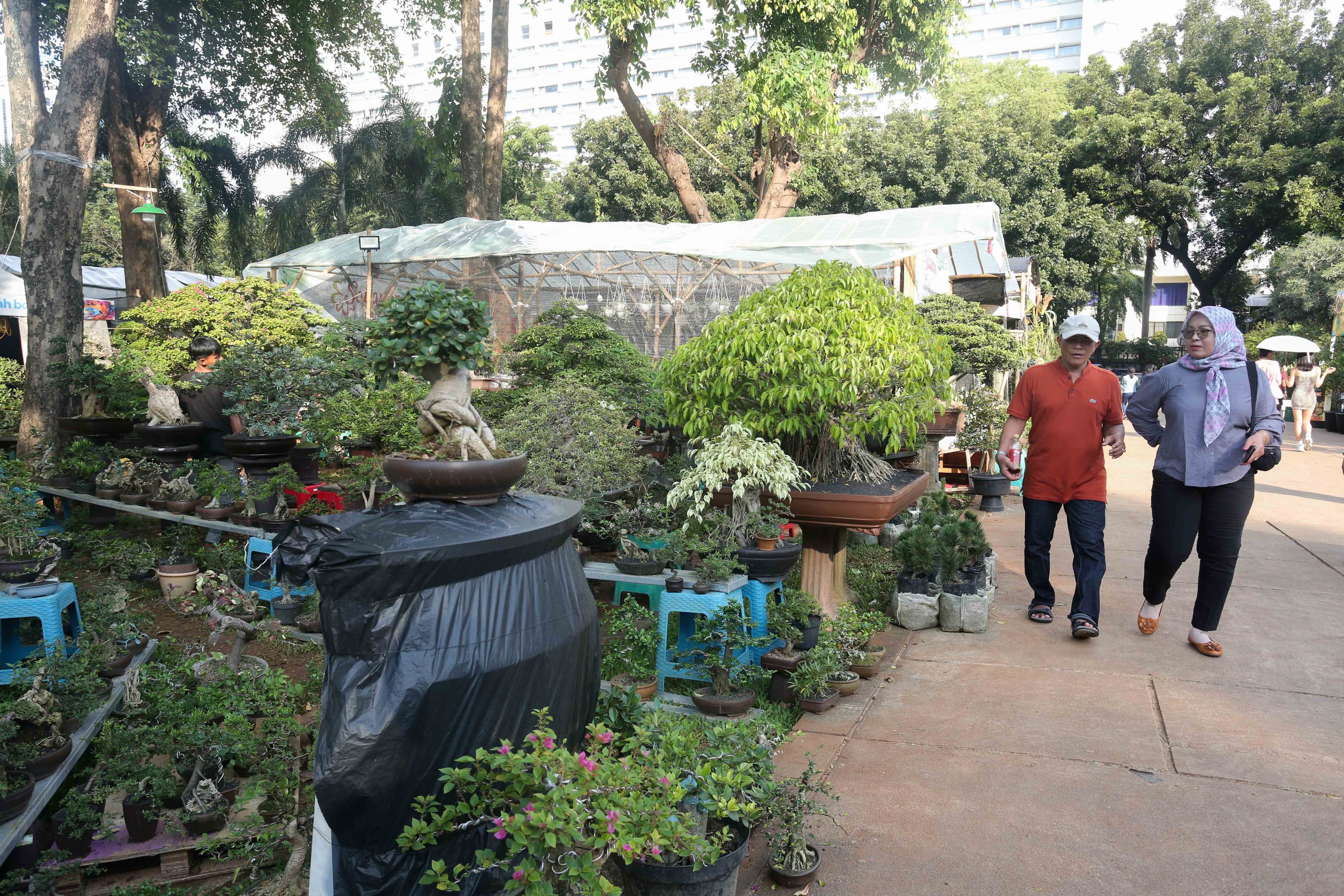 Pengunjung melihat tanaman hias yang dijual saat pameran Flona di Lapangan Banteng, Jakarta, senin (8/7/2024). Pameran yang mengusung tema Jakarta Global Hijau Mempesona ini menampilkan berbagai jenis tanaman hias, hewan peliharaan dan kuliner nusantara yang berlangsung hingga 2 Agustus 2024.