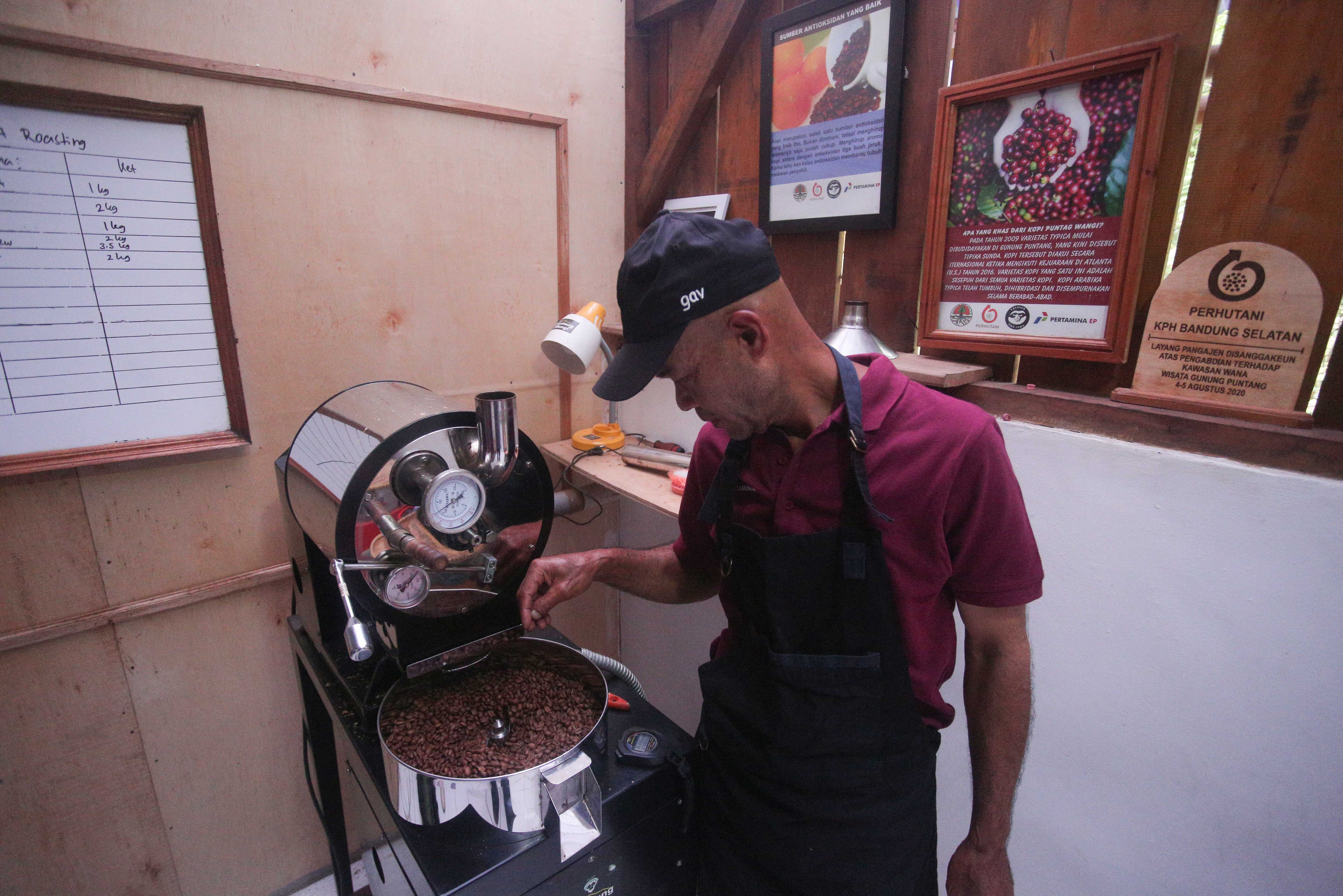 Petani dari Lembaga Masyarakat Desa Hutan (LMDH) Bukit Amanah meroasting biji kopi Arabika Priangan jenis Yellow Bourbone di Gunung Puntang, Kabupaten Bandung, Jawa Barat, Kamis (29/8/2024). Dalam rangka memberdayakan masyarakat setempat, Pertamina Hulu Energi bekerja sama dengan Lembaga Masyarakat Desa Hutan (LMDH) Bukit Amanah mengadakan Program Masyarakat Peduli Alam Puntang (Melintang) dengan memberikan binaan serta bantuan sarana dan prasarana untuk budidaya Kopi Puntang.