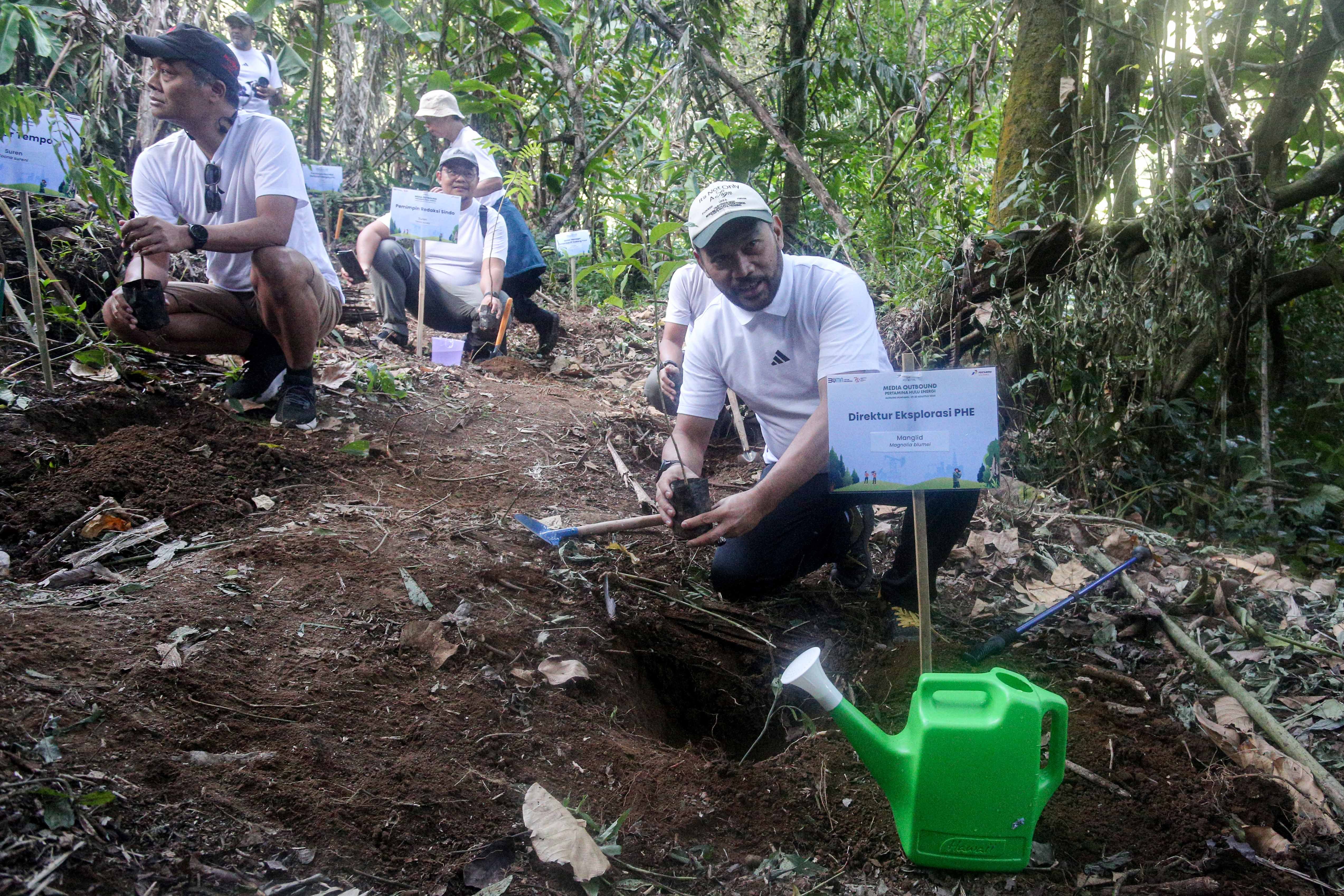 Direktur Eksplorasi PT Pertamina Hulu Energi (PHE), Muharram Jaya Panguriseng (kanan) menanam pohon saat pemantauan Owa Jawa di kawasan Hutan Lindung Malabar, Gunung Puntang, Bandung Selatan, Jumat (30/8/2024). Pertamina Hulu Energi melalui Pertamina EP Subang Field Regional Jawa mengusung program pelestarian keanekaragaman hayati yang bekerja sama dengan Yayasan Owa Jawa dalam upaya melestarikan Owa Jawa dengan melakukan pemantauan terhadap primata langka ini di Gunung Puntang.