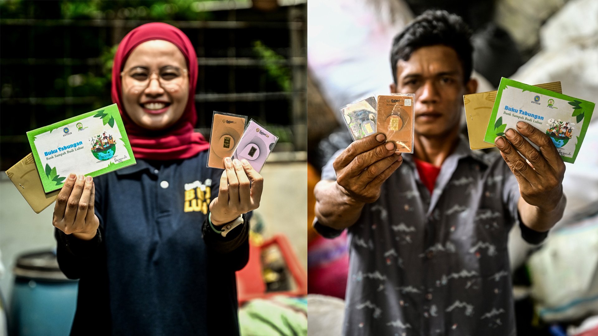 Nasabah menunjukkan buku tabungan dan emas hasil dari menabung sampah di Bank Sampah Budi Luhur, Jakarta.