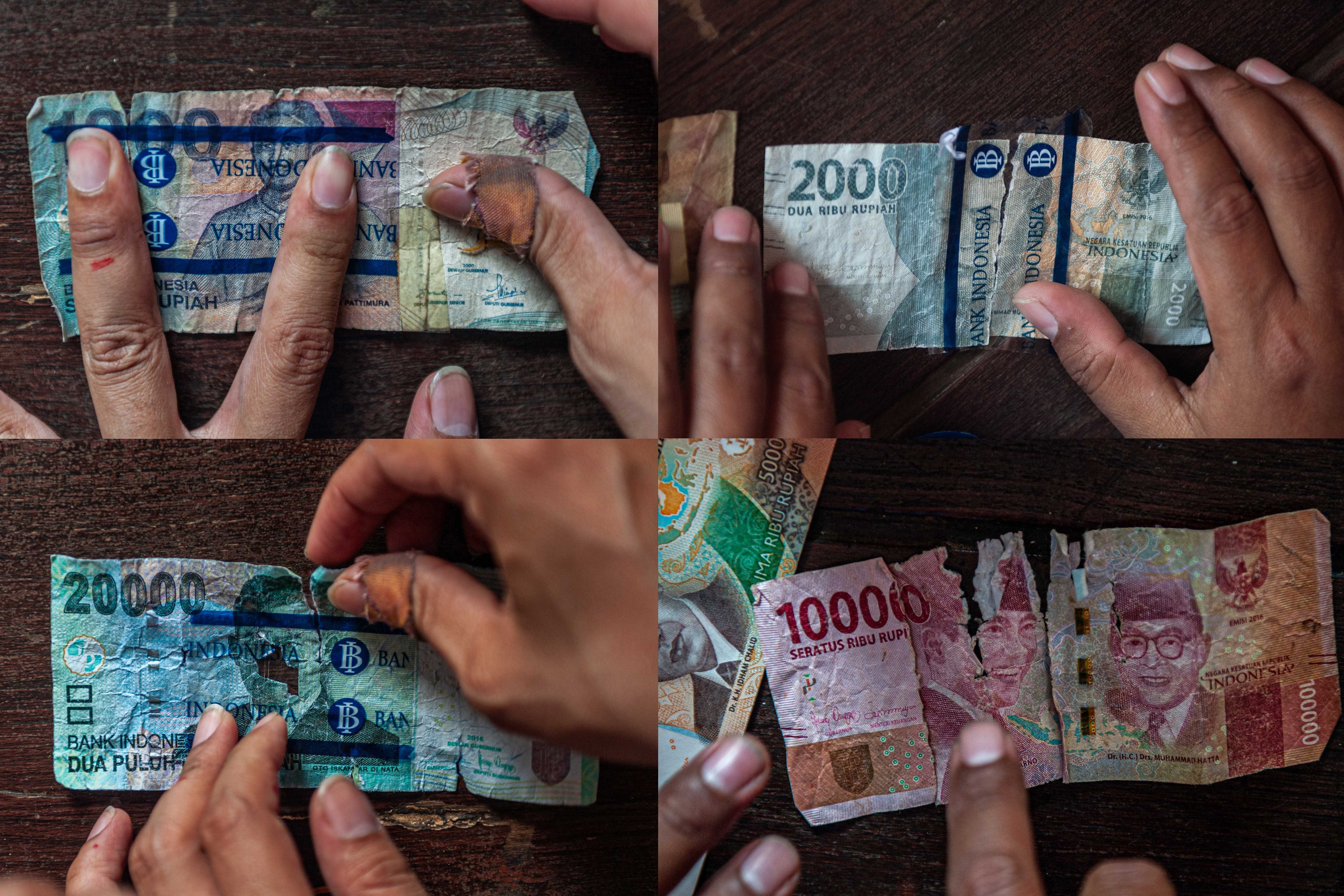 Foto kolase pegawai KPw BI Jateng menyambung lembaran uang rupiah berbagai nominal tidak layak edar milik warga saat Ekspedisi Rupiah Karimunjawa (ERK-2024).