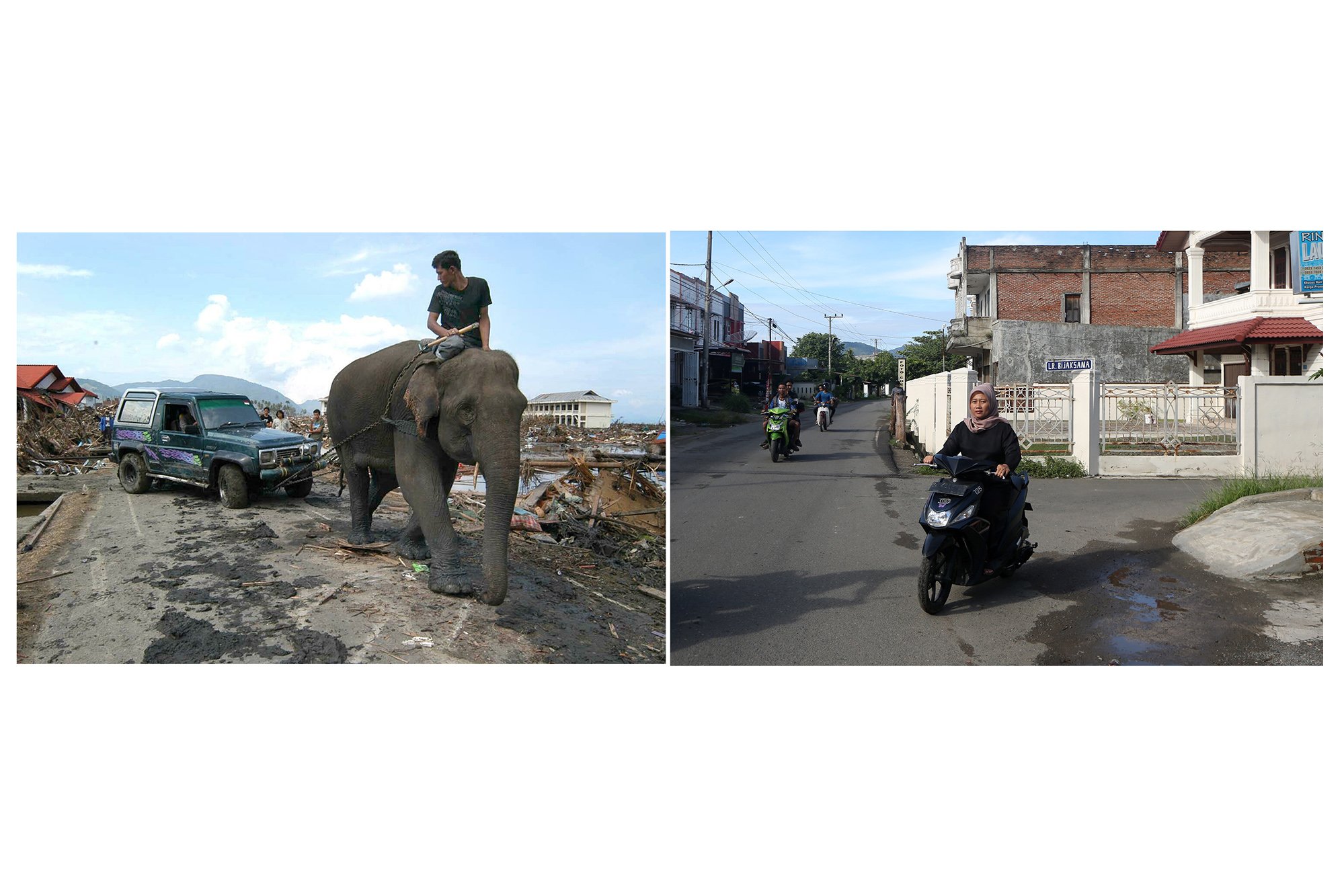 Foto kolase seekor gajah menarik sebuah kendaraan jeep diantara bangunan yang rusak akibat diterjang tsunami (kiri) dan warga melintas dengan menggunakan kendaraan bermotor di Surin, Banda Aceh (kanan).