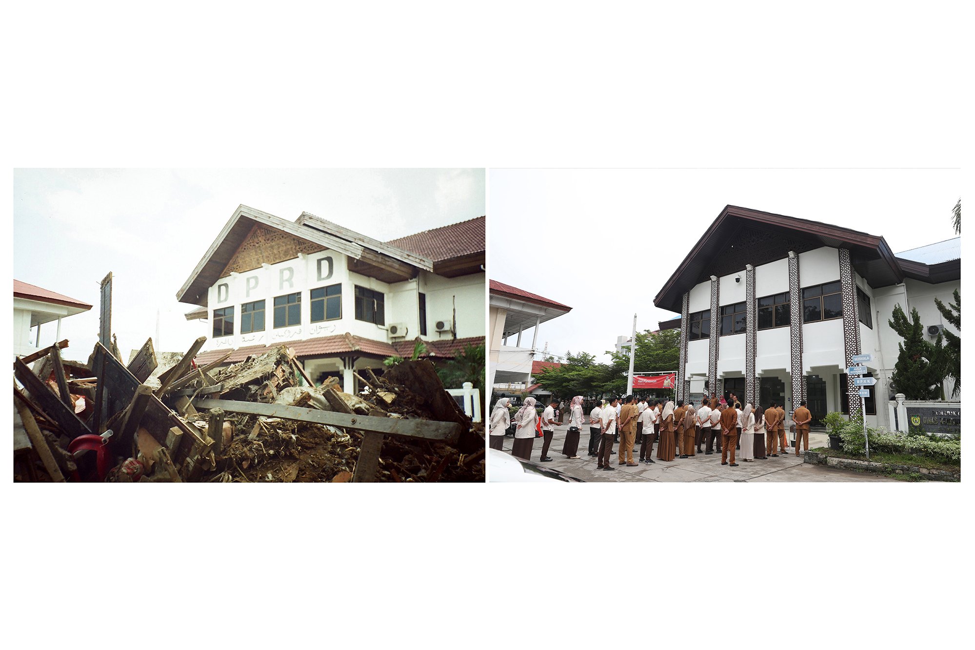 Foto kolase tumpukan kayu yang dibawa gelombang tsunami 26 Desember 2004 di halaman gedung Dewan Perwakilan Rakyat Daerah (DPRK) Banda Aceh (kiri) dan Aparatur Sipil Negara (ASN) mengikuti apel dihalaman gedung Dewan Perwakilan Rakyat Daerah (DPRK) yang telah menjadi kantor Diskominfotik Kota Banda Aceh di Banda Aceh, Aceh (kanan).