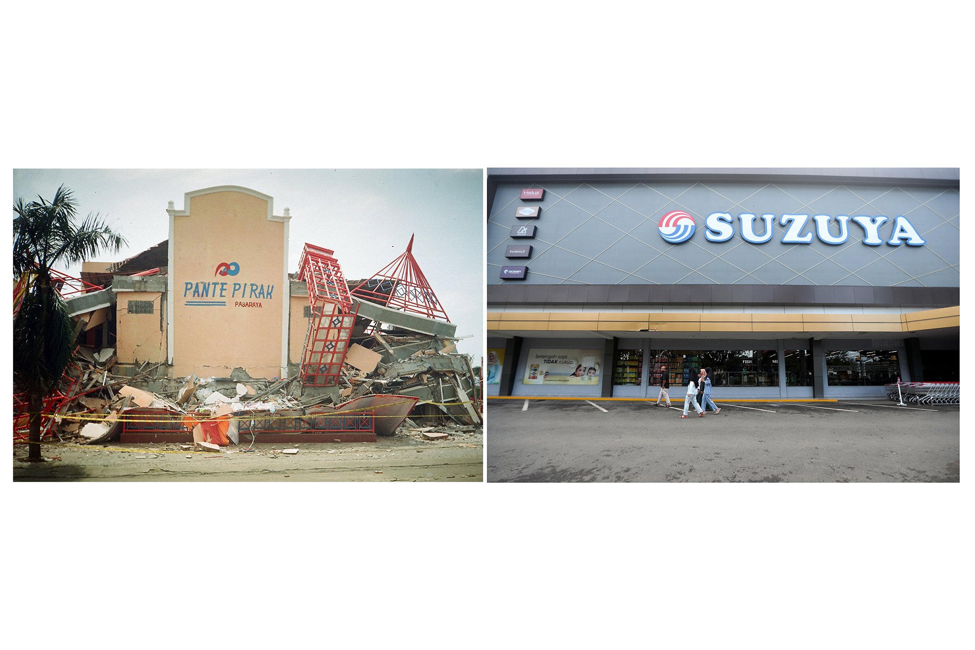 Foto kolase bangunan swalayan Pante Pirak yang rusak parah akibat gempa bumi (kiri) dan warga melintas di depan bangunan swalayan Pante Pirak yang telah dibangun kembali dan berganti nama dengan Suzuya di Banda Aceh, Aceh.