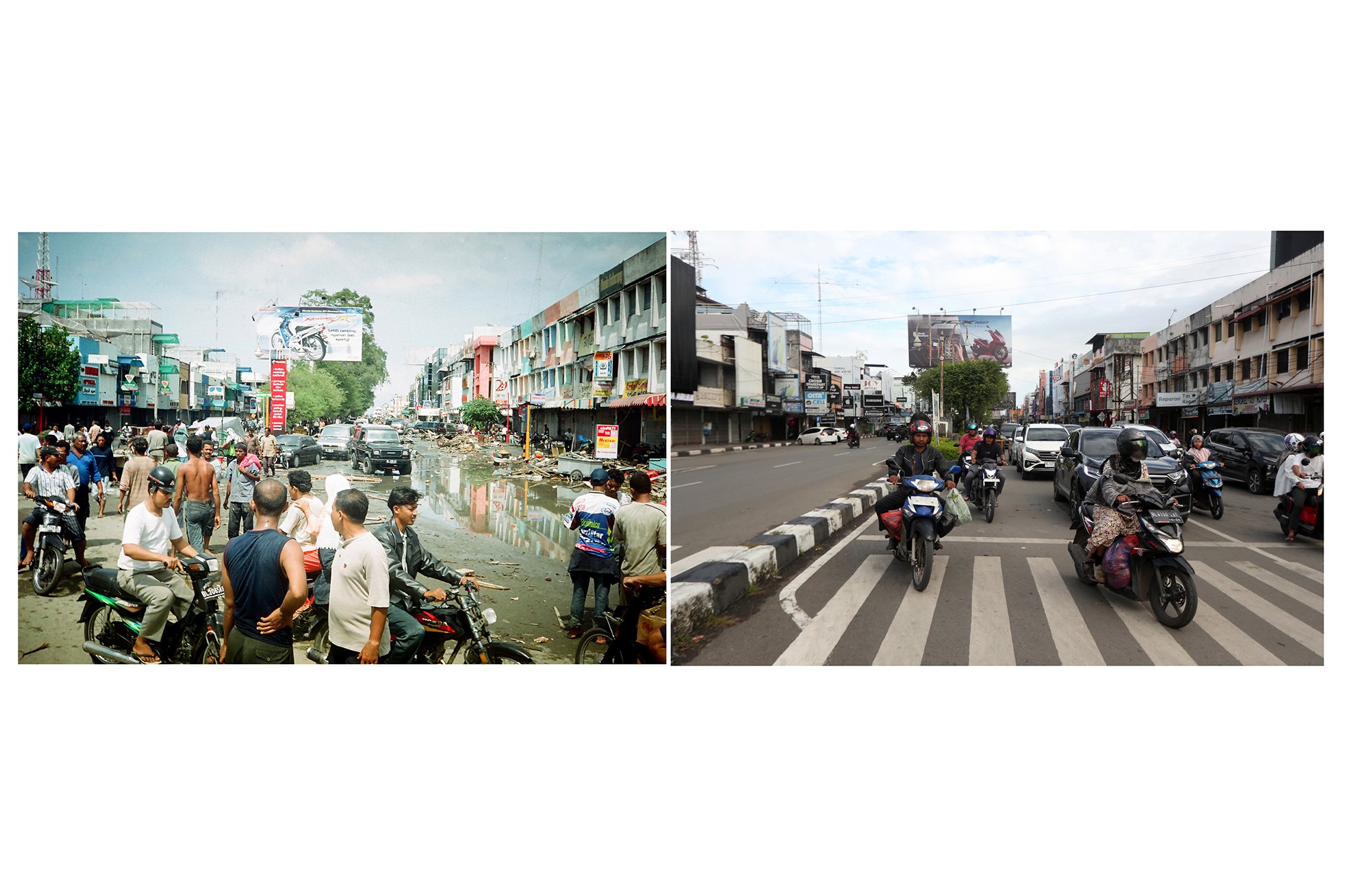 Foto kolase warga dan korban bencana gelombang tsunami berkumpul di kawasan bundaran Simpang Lima, Banda Aceh (kiri) dan pengendara melintas di kawasan bundaran Simpang Lima, Banda Aceh, Aceh (kanan). 