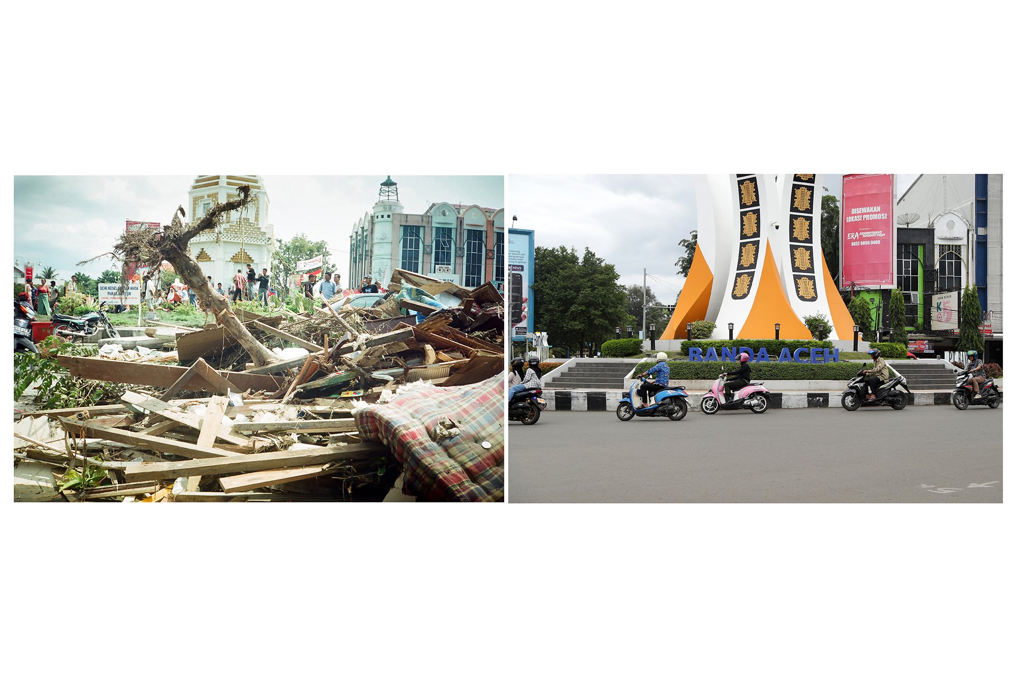 Foto kolase tumpukan kayu dan puing-puing yang dibawa gelombang tsunami di kawasan bundaran tugu Simpang Lima, Banda Aceh (kiri) dan pengguna lalu lintas melintas di kawasan bundaran tugu Simpang Lima, Banda Aceh, Aceh (kanan). 