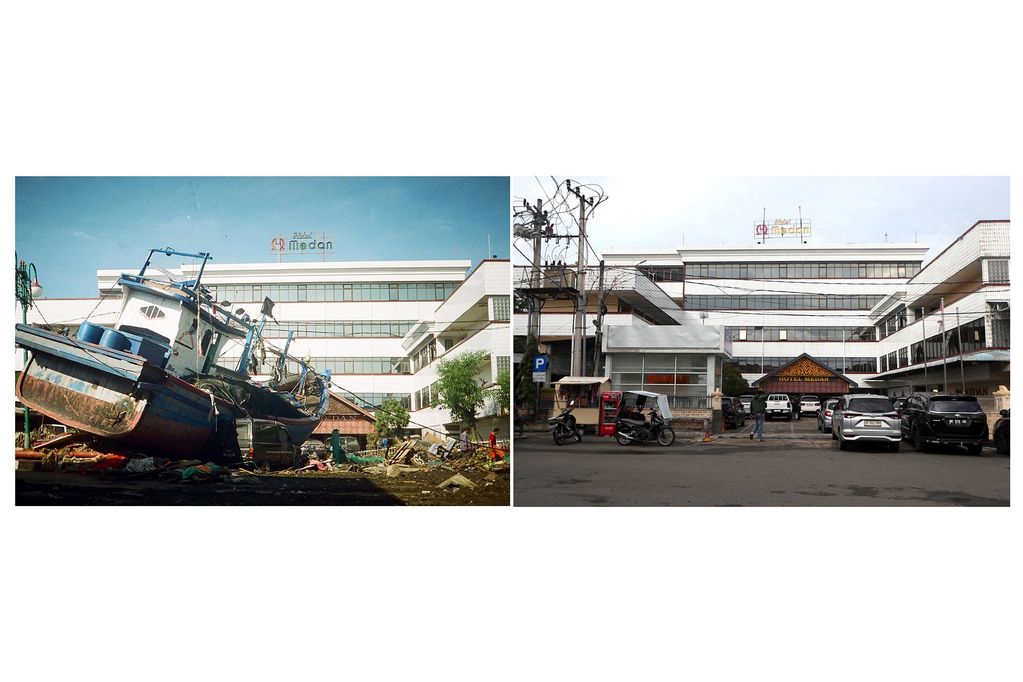 Foto kolase warga berjalan diantara puing-puing dan kapal nelayan yang dibawa gelombang tsunami di depan Hotel Medan (kiri) dan warga melintas di depan Hotel Medan di Peunayong, Banda Aceh (kanan). 