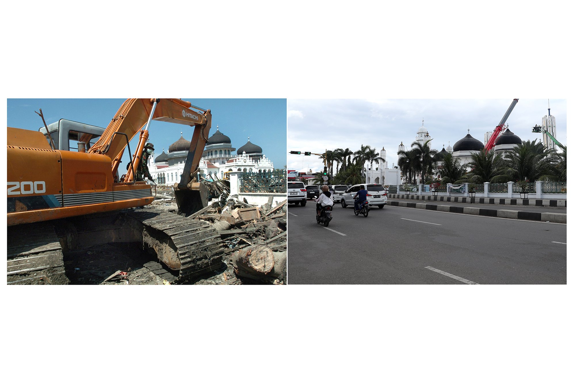 Foto kolase sebuah alat berat membersihkan serpihan puing yang berserakan akibat tsunami di jalan kota dan halaman Masjid Raya Baiturrahman (kiri) dan pekerja dengan menggunakan alat berat memperbaiki payung elektrik di halaman Masjid Raya Baiturrahman, Banda Aceh, Aceh (kanan). 