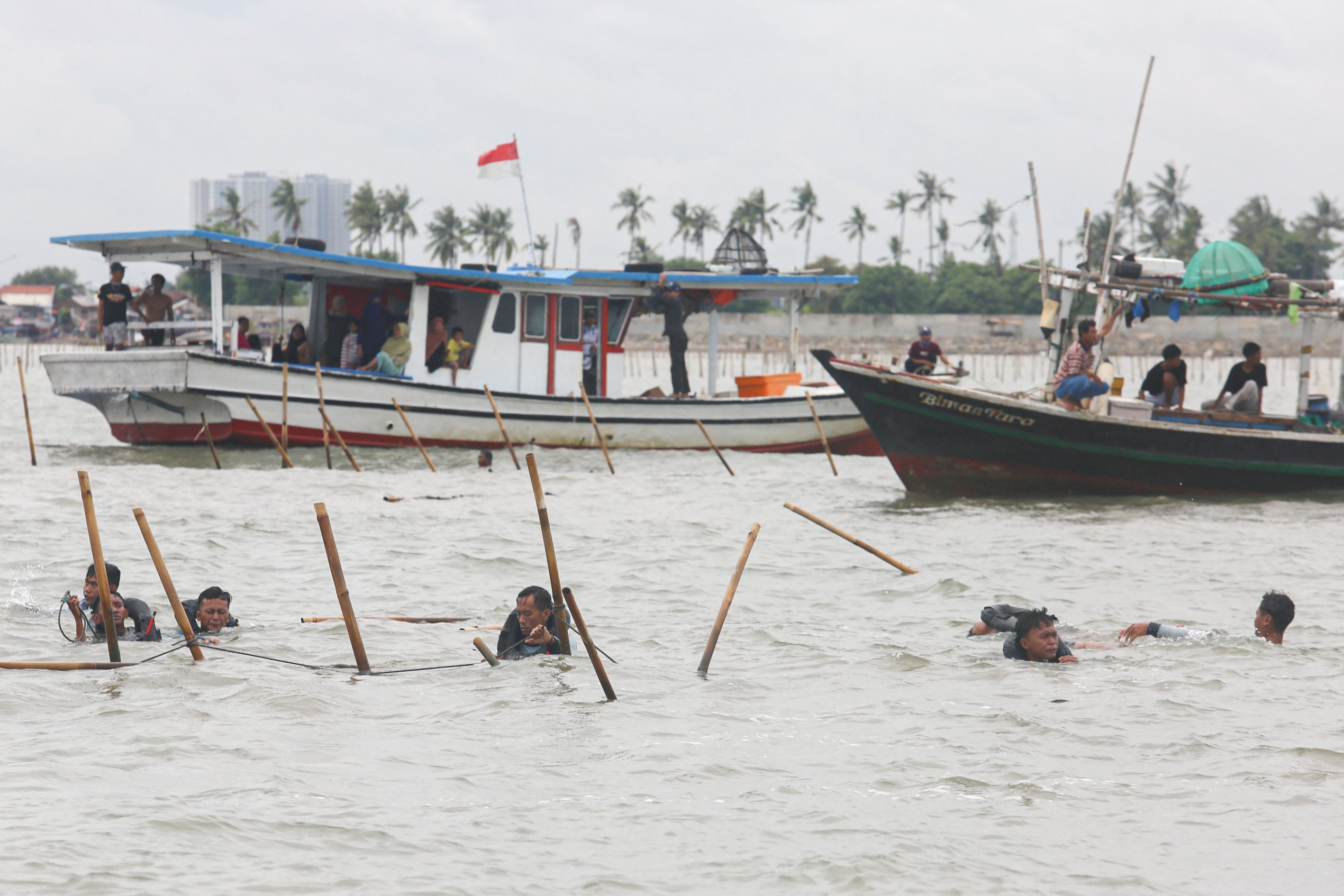 Sejumlah personel TNI Angkatan Laut (AL) membongkar pagar laut di kawasan Pantai Tanjung Pasir, Kabupaten Tangerang, Banten, Rabu (22/1/2025). Personel gabungan yang terdiri dari TNI AL, Kementerian Kelautan dan Perikanan (KKP) serta nelayan kembali membongkar pagar laut yang membentang sepanjang 30,16 kilometer di wilayah perairan tersebut dan ditargetkan akan selesai dalam 10 hari kedepan.