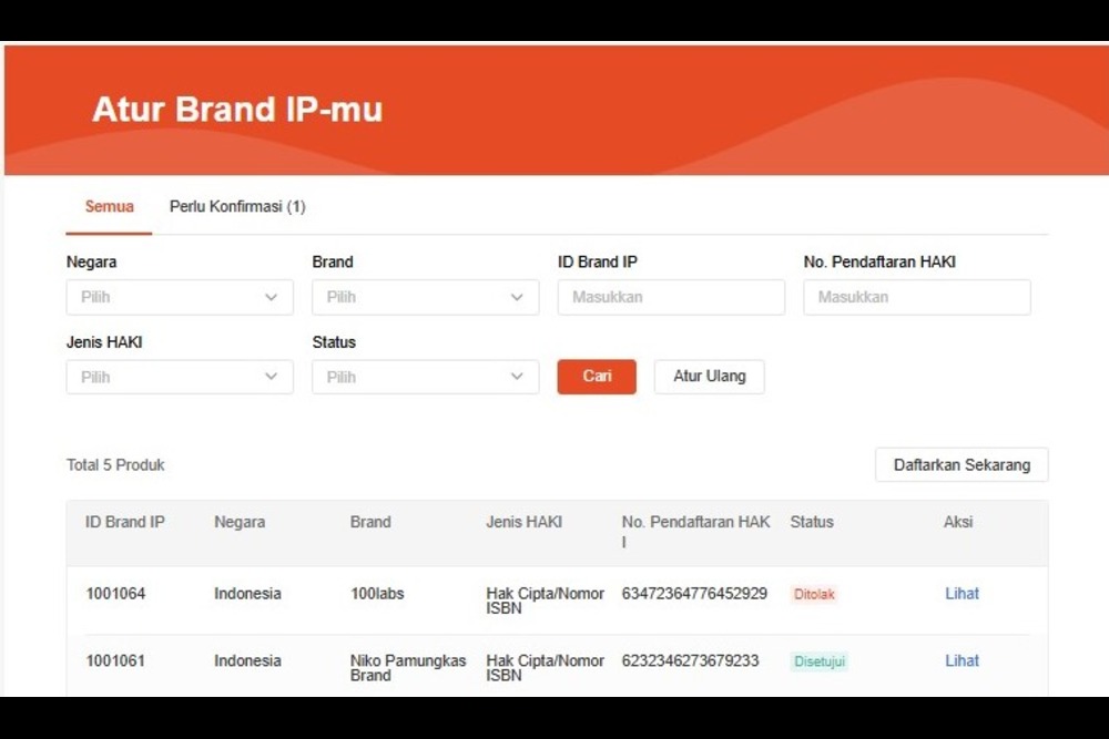 Anda dapat memonitor status pendaftaran merek/buku Anda di Manajemen Brand IP dan notifikasi Brand IP Portal. 